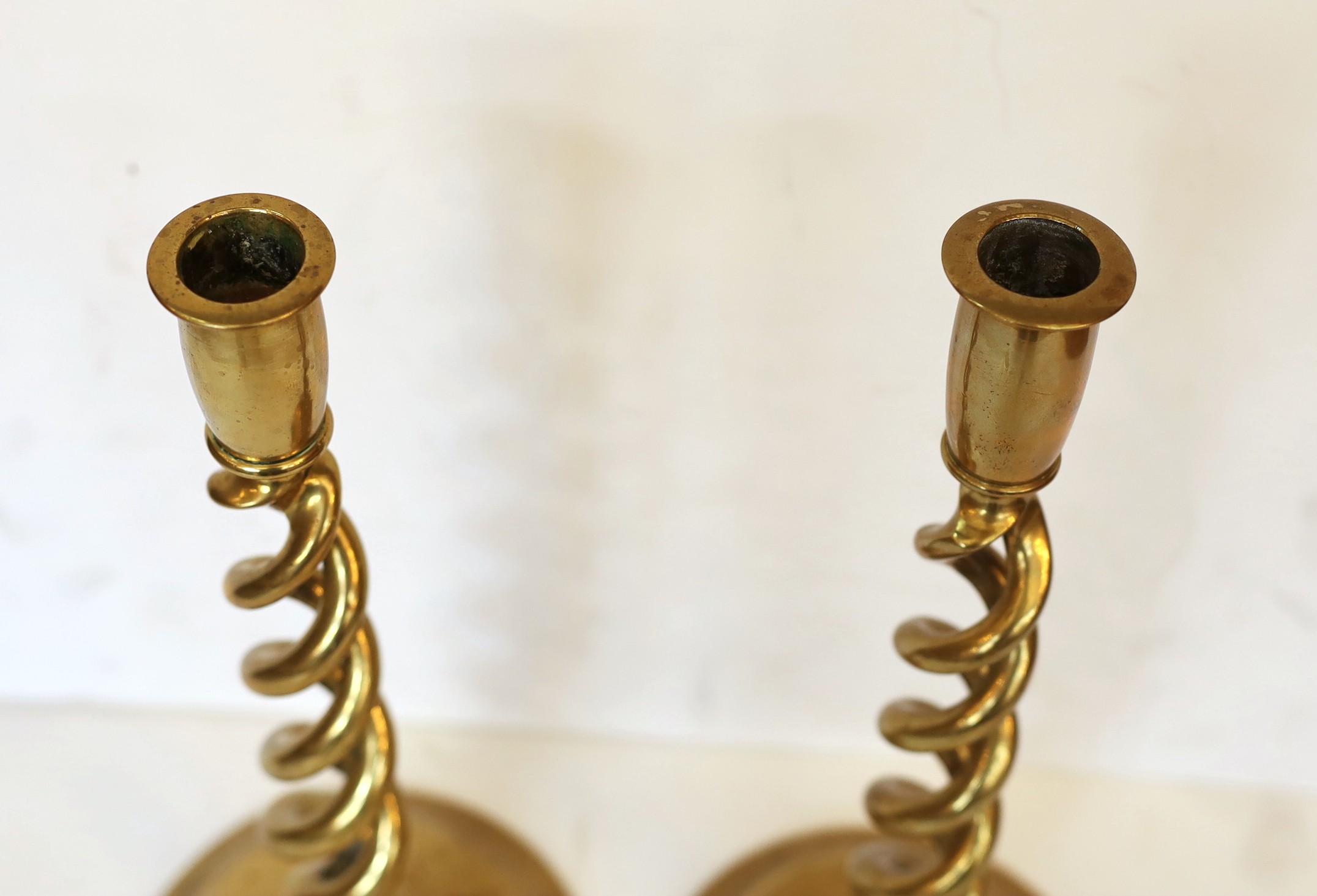 A pair of Victorian brass spiral twist candlesticks, height 30cm